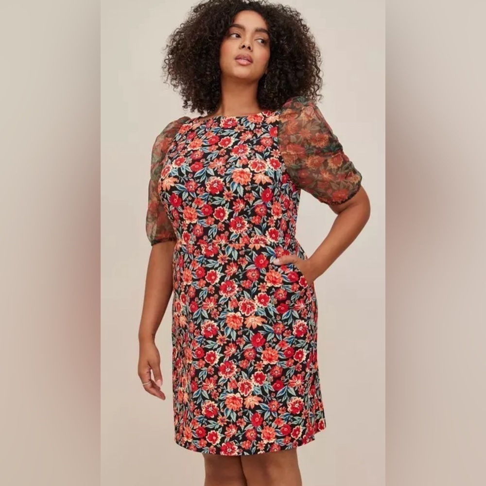 Torrid Orange Floral High Neck Puff Sleeve Dress - New - Size 16